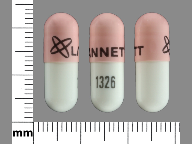 Pink;white Capsule pill with imprint LANNETT;1326 — Ursodiol Ursodiol 300 mg; (view 3)