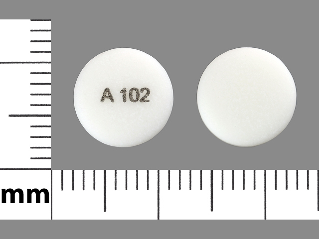 White Round pill with imprint A102 — Bupropion hydrochloride Bupropion hydrochloride 300 mg; (view 3)