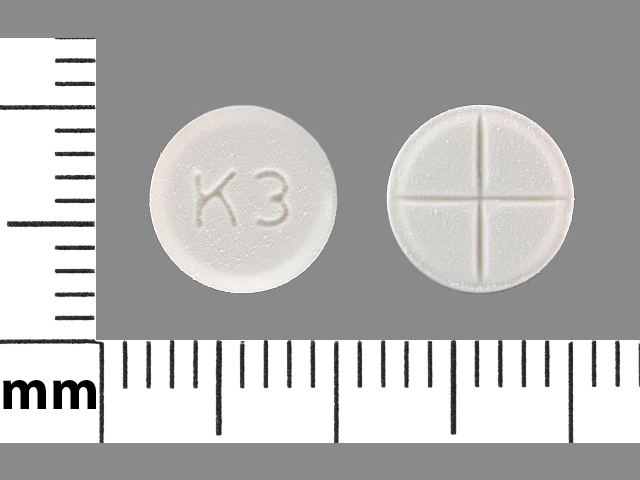 White Round pill with imprint K;3 — Promethazine hydrochloride Promethazine hydrochloride 25 mg; (view 2)