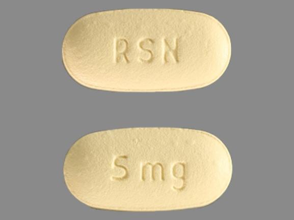 Yellow Oval pill with imprint RSN;5;MG — Actonel Risedronate sodium hemi-pentahydrate 4.3 mg;risedronate sodium monohydrate 0.7 mg; (view 2)