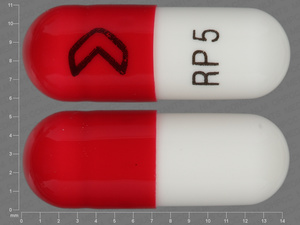 Red;white Capsule pill with imprint RP;5 — Ramipril Ramipril 5 mg; (view 2)