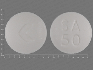 White Round pill with imprint SA;50 — Sumatriptan Sumatriptan succinate 50 mg; (view 2)