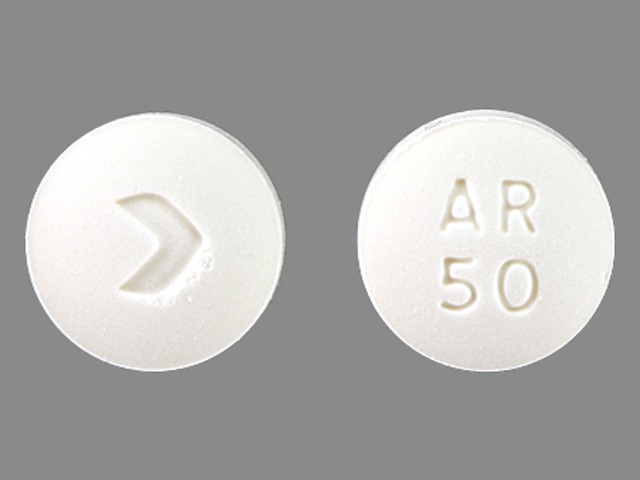 White Round pill with imprint AR;50 — Acarbose 50 mg (view 2)