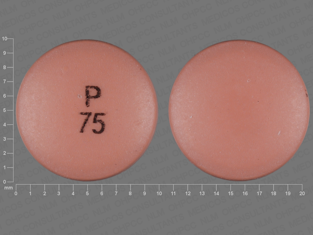 Brown Round pill with imprint P;75 — Diclofenac sodium Diclofenac sodium 75 mg; (view 2)