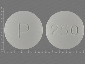 White Round pill with imprint P;250 — Ciprofloxacin Ciprofloxacin hydrochloride 250 mg; (view 3)