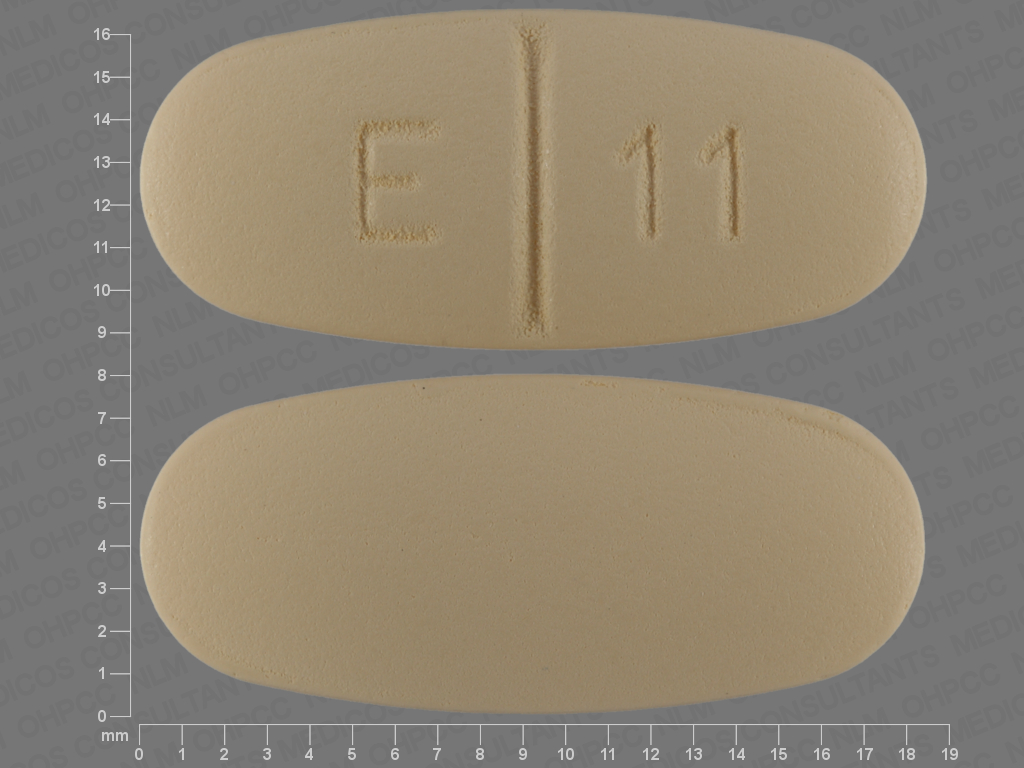 Yellow Oval pill with imprint E;11 — Levetiracetam Levetiracetam 500 mg; (view 2)