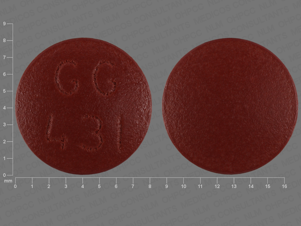 Brown Round pill with imprint GG431 — Amitriptyline hydrochloride Amitriptyline hydrochloride 50 mg; (view 2)
