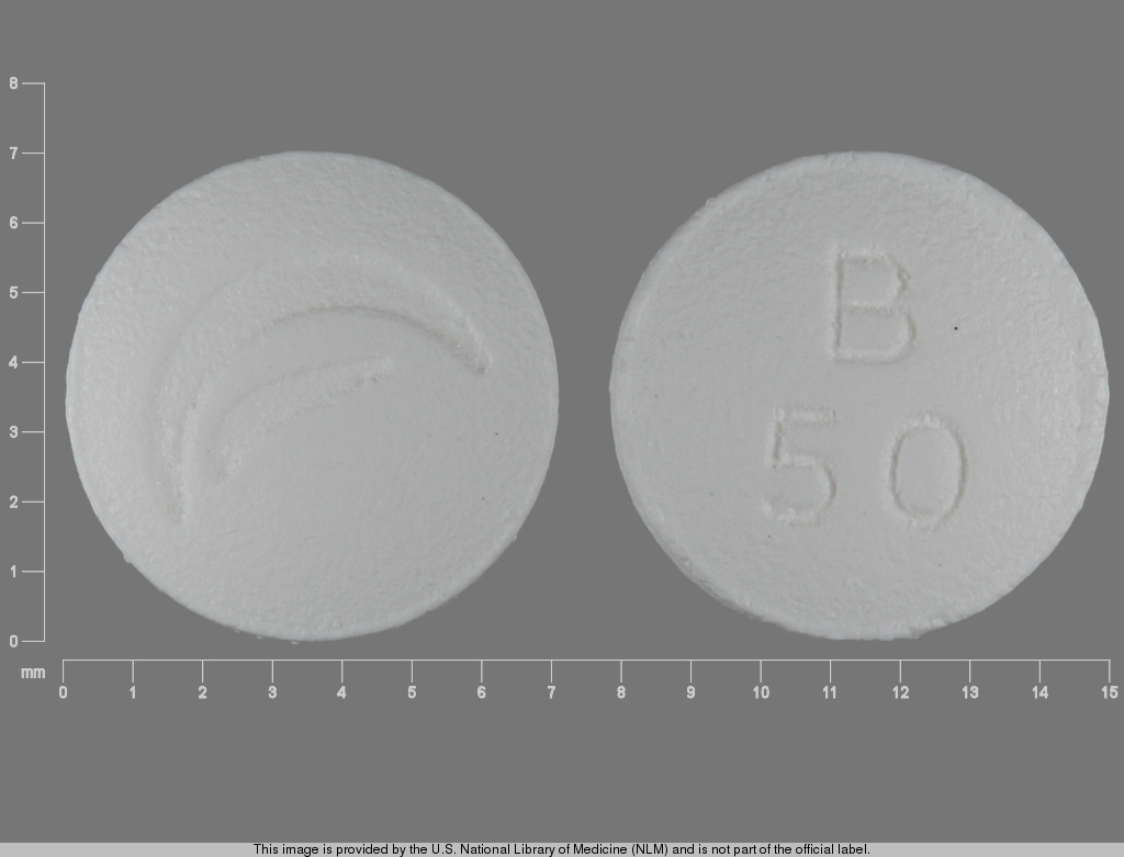 White Round pill with imprint B;50 — Bicalutamide 50 mg (view 4)