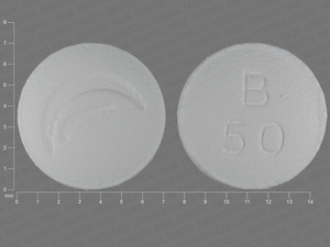 White Round pill with imprint B;50 — Bicalutamide 50 mg (view 3)