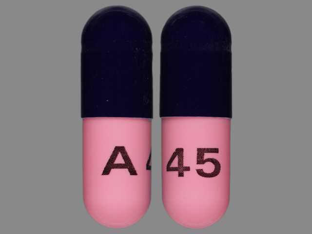 Blue, pink Capsule pill with imprint A45 — Amoxicillin 500 mg (view 2)