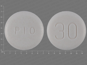 White Round pill with imprint PIO;30 — Pioglitazone Pioglitazone hydrochloride 30 mg; (view 2)