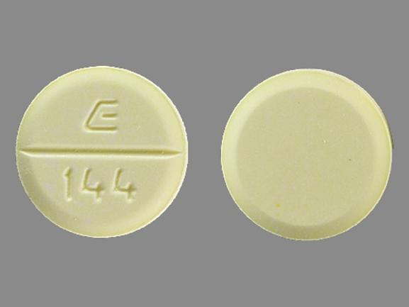Yellow Round pill with imprint E;144 — Amiodarone hydrochloride 200 mg (view 3)