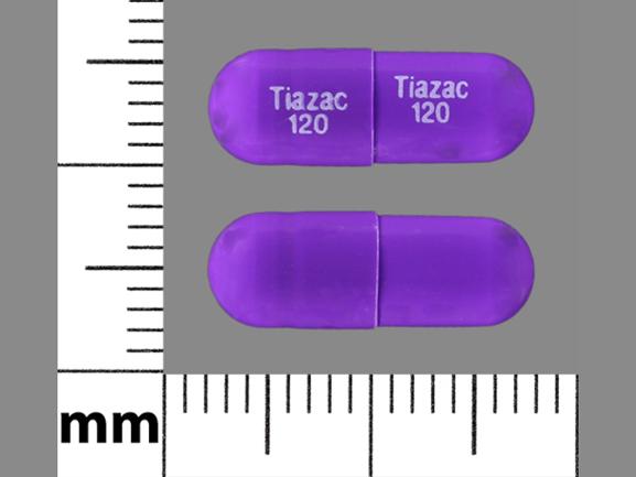 Purple Capsule pill with imprint Tiazac;120 — Tiazac Diltiazem hydrochloride 120 mg; (view 4)