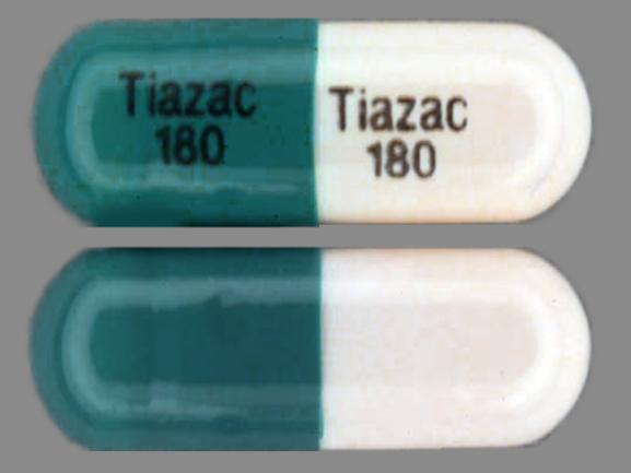 Blue;white Capsule pill with imprint Tiazac;180 — Tiazac Diltiazem hydrochloride 180 mg (view 9)