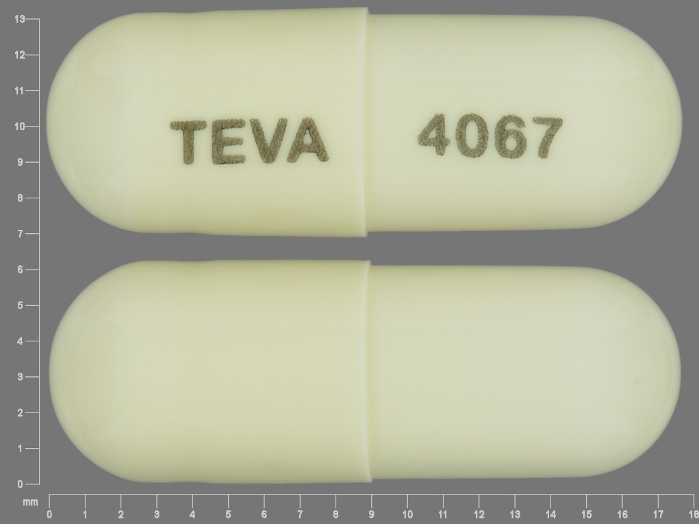 White Capsule pill with imprint TEVA;4067 — Prazosin hydrochloride Prazosin hydrochloride 1 mg; (view 3)