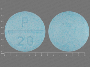 Blue Round pill with imprint P;20 — Propranolol hydrochloride Propranolol hydrochloride 20 mg; (view 2)