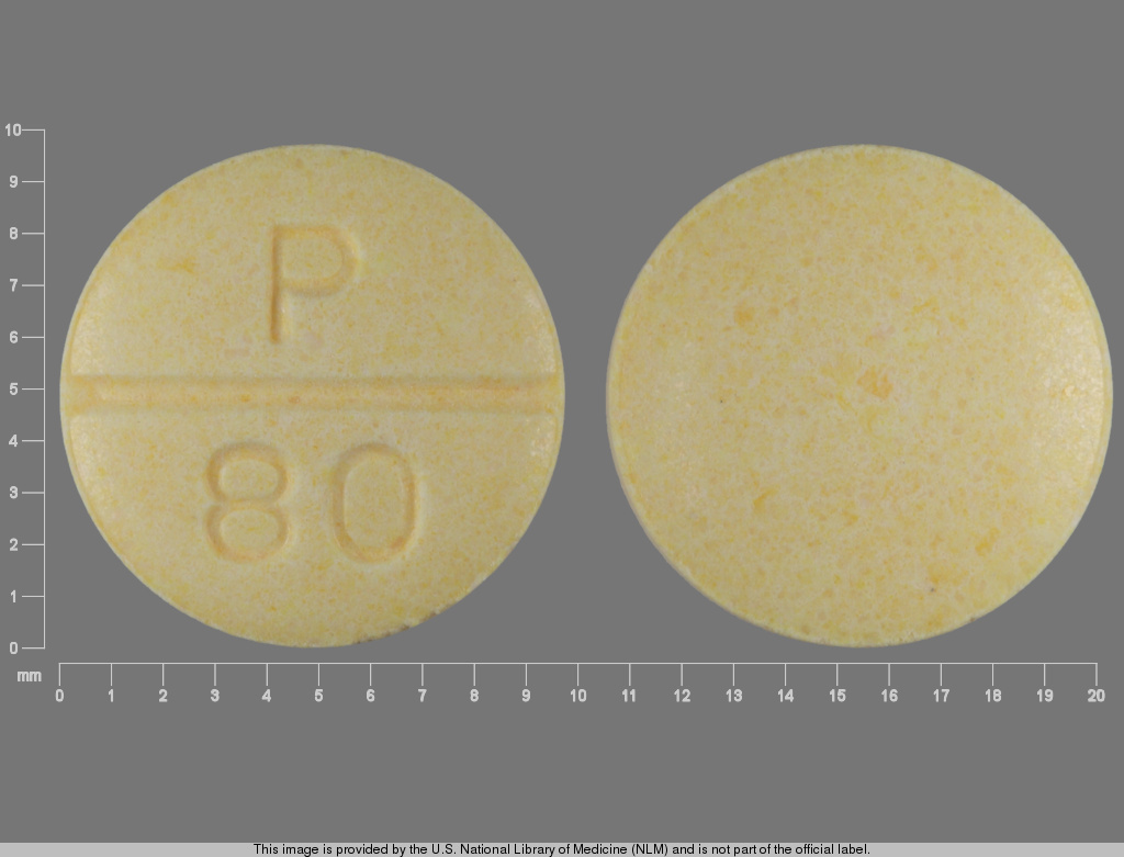 Yellow Round pill with imprint P;80 — Propranolol hydrochloride 80 mg (view 2)