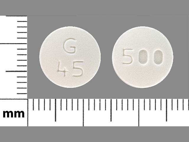 White Round pill with imprint G;45;500 — Metformin hydrochloride 500 mg (view 2)