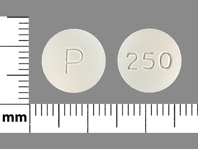 White Round pill with imprint P;250 — Ciprofloxacin Ciprofloxacin hydrochloride 250 mg; (view 2)