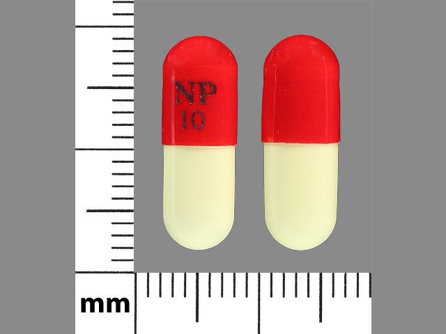 Orange;white Capsule pill with imprint NP;10 — Piroxicam Piroxicam 10 mg; (view 2)