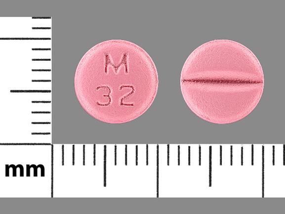 Pink Round pill with imprint M;32 — Metoprolol tartrate Metoprolol tartrate 50 mg; (view 6)