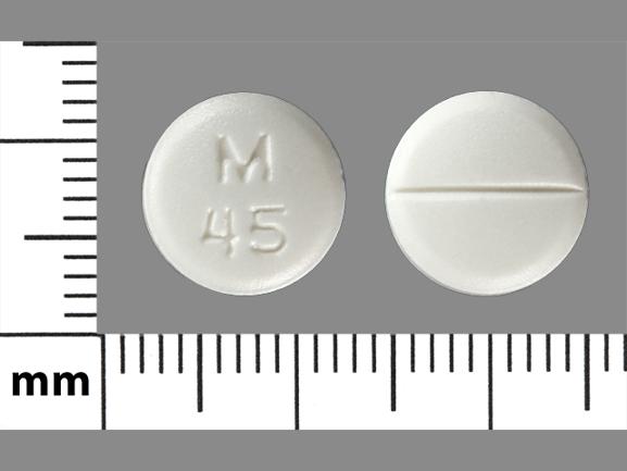 White Round pill with imprint M;45 — Diltiazem hydrochloride Diltiazem hydrochloride 60 mg; (view 4)