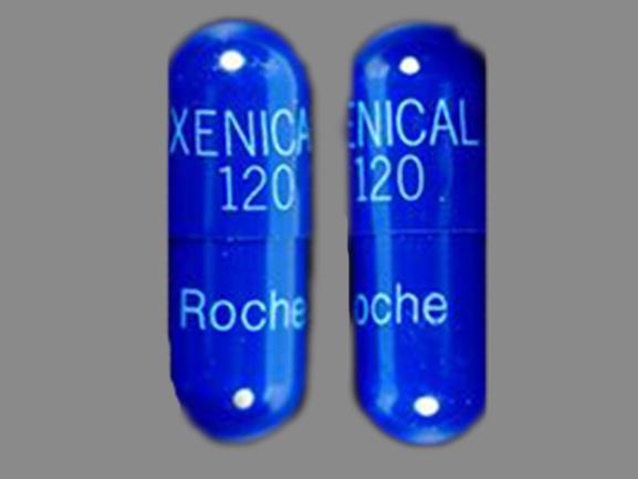 Turquoise Capsule pill with imprint Roche;XENICAL;120 — Xenical Orlistat 120 mg; (view 2)