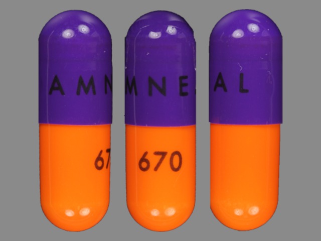 Purple;orange Capsule pill with imprint Amneal;670 — Acebutolol hydrochloride Acebutolol hydrochloride 400 mg; (view 2)