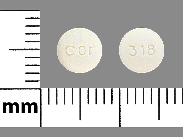 White Round pill with imprint cor;318 — Acarbose 25 mg (view 2)