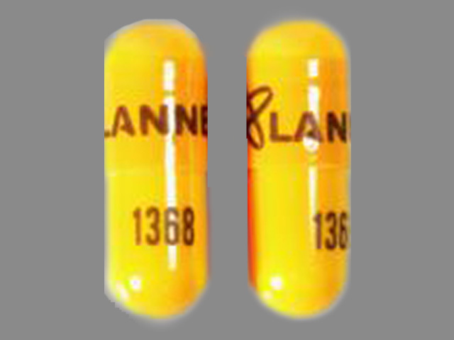 Yellow Capsule pill with imprint LANNETT;1368 — Danazol Danazol 100 mg; (view 2)