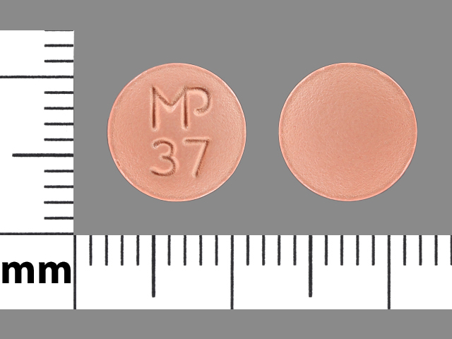 Orange Round pill with imprint MP;37 — Doxycycline hyclate Doxycycline hyclate 100 mg; (view 3)