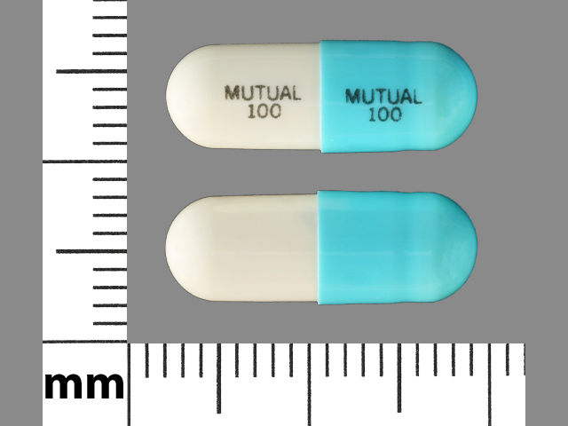 White;blue Capsule pill with imprint Mutual;100 — Doxycycline hyclate Doxycycline hyclate 50 mg; (view 2)