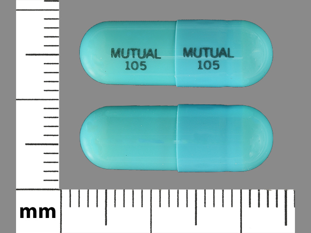 Blue Capsule pill with imprint Mutual;105 — Doxycycline hyclate Doxycycline hyclate 100 mg; (view 2)