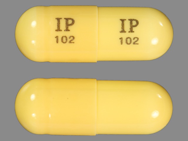 Yellow Capsule pill with imprint IP102 — Gabapentin Gabapentin 300 mg; (view 3)
