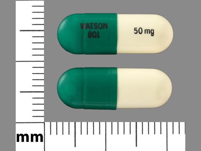 Green, white Capsule pill with imprint WATSON;801;50;mg — Hydroxyzine pamoate 50 mg (view 3)