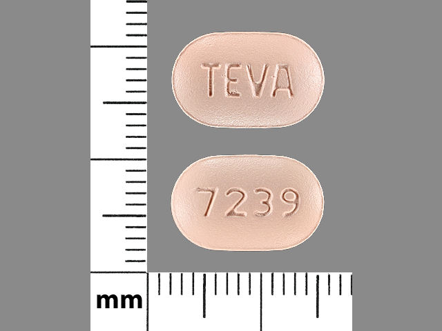 Orange Oval pill with imprint TEVA;7239 — Irbesartan and hydrochlorothiazide Irbesartan 300 mg / hydrochlorothiazide 12.5 mg (view 3)