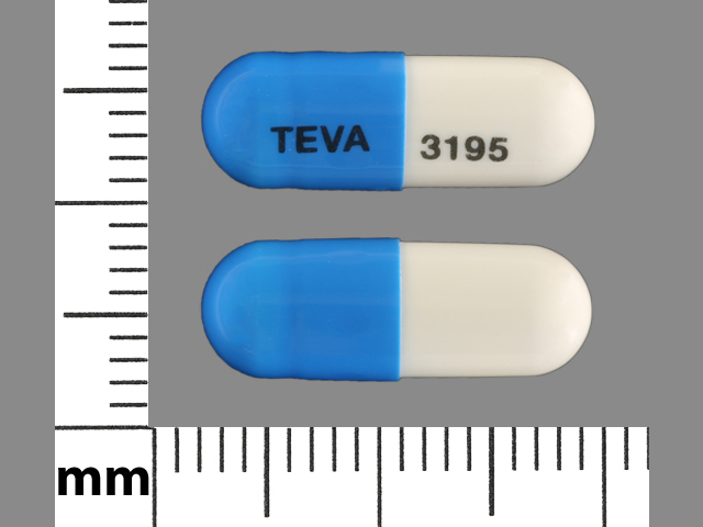 Blue;white Capsule pill with imprint TEVA;3195 — Ketoprofen Ketoprofen 75 mg; (view 2)