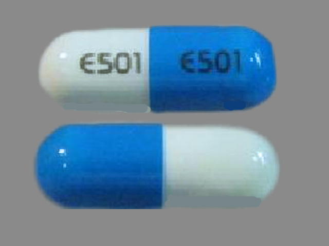 Blue;white Capsule pill with imprint E501 — Nicardipine hydrochloride Nicardipine hydrochloride 20 mg; (view 2)