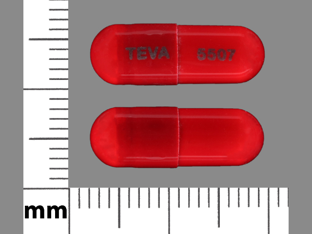 Red Capsule pill with imprint TEVA;5507 — Olanzapine and fluoxetine Olanzapine 12 mg;fluoxetine hydrochloride 50 mg; (view 2)