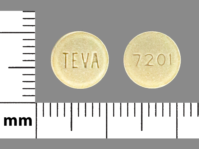 Yellow Round pill with imprint TEVA;7201 — Pravastatin sodium Pravastatin sodium 20 mg; (view 2)