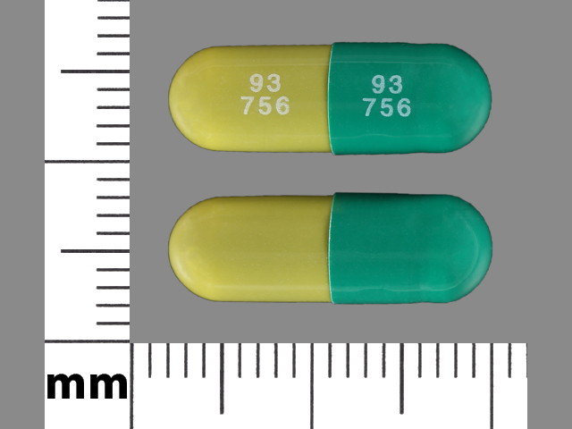 Green;green Capsule pill with imprint 93;756;93;756; — Piroxicam Piroxicam 10 mg; (view 9)