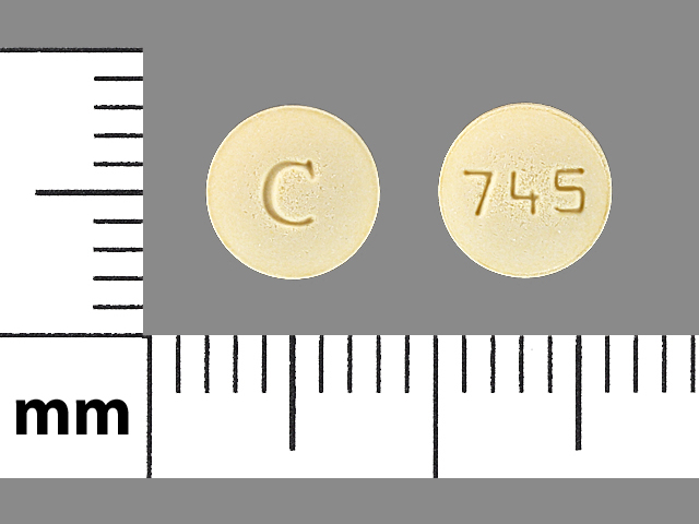 Yellow Round pill with imprint 745;C — Repaglinide Repaglinide 1 mg; (view 2)