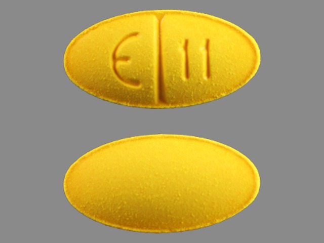 Yellow Round pill with imprint E11 — Sulindac Sulindac 200 mg; (view 4)