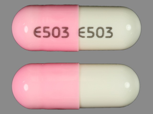 Pink;white Capsule pill with imprint E503 — Ursodiol Ursodiol 300 mg; (view 4)