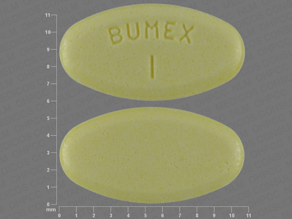 Yellow Oval pill with imprint BUMEX;1 — Bumetanide 1 mg (view 2)