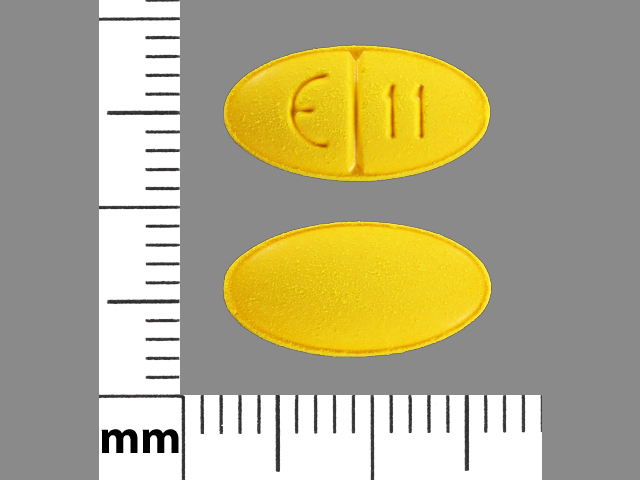 Yellow Round pill with imprint E11 — Sulindac Sulindac 200 mg; (view 2)