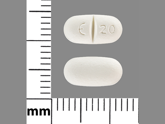 White Oval pill with imprint E20 — Citalopram Citalopram hydrobromide 20 mg; (view 2)