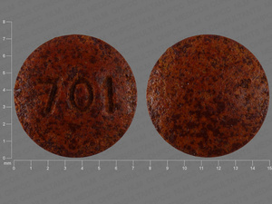 Brown Round pill with imprint 701 — Phenazopyridine hydrochloride Phenazopyridine hydrochloride 100 mg; (view 2)