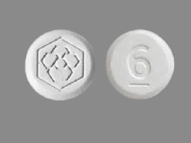 White Round pill with imprint 6 — Fanapt Iloperidone 6 mg; (view 2)