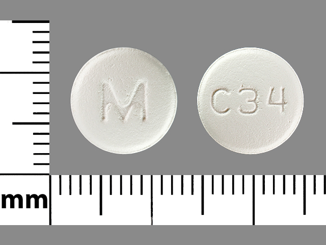 White Round pill with imprint M;C34 — Carvedilol Carvedilol 25 mg; (view 3)